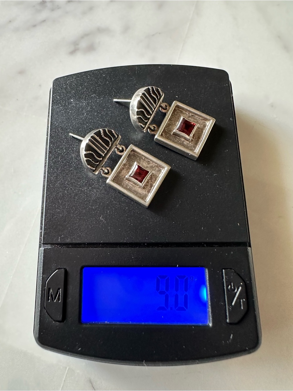 925 Sterling Silver Geometric Garnet Dangle Earrings 9 grams - Picture 8 of 8